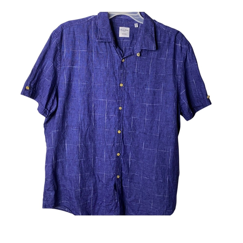 Baird McNutt Murano 100% Linen Purple Button Down Shirt XL Men Check Gingham